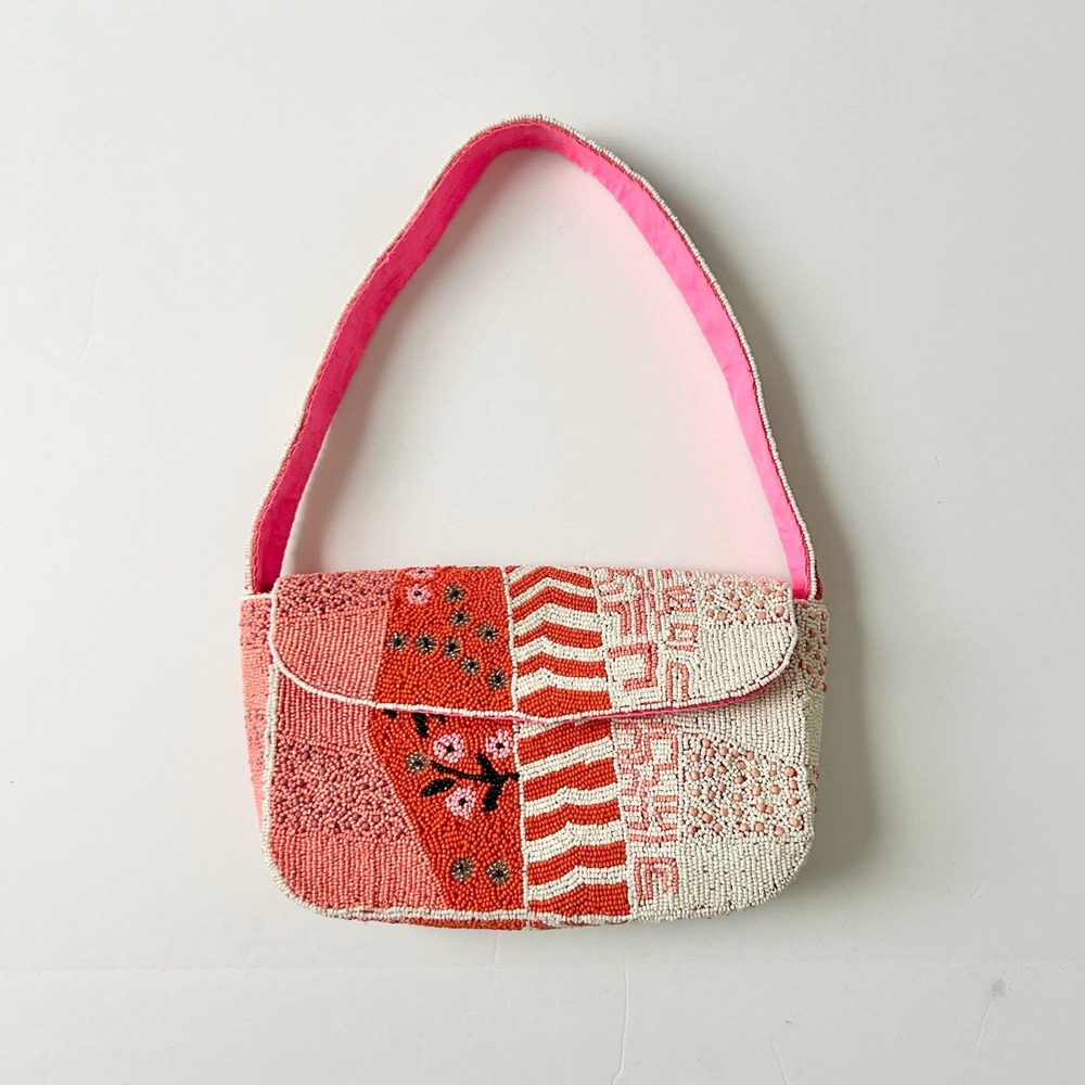 NEW America & Beyond Tigerlily Beaded Patchwork Shoulder Bag Coral Pink - Picture 9 of 9